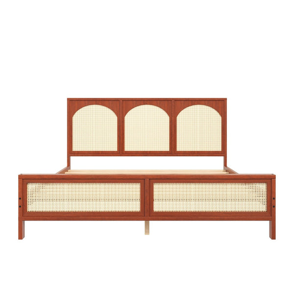 English Elm Queen Platform Bed Woven Rattan Headboard Footboard Solid Pine Bohemian Bedroom Frame Walnut N7090004036D