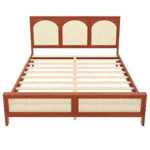 English Elm Queen Platform Bed Woven Rattan Headboard Footboard Solid Pine Bohemian Bedroom Frame Walnut N7090004036D