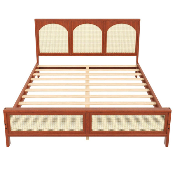 English Elm Queen Platform Bed Woven Rattan Headboard Footboard Solid Pine Bohemian Bedroom Frame Walnut N7090004036D