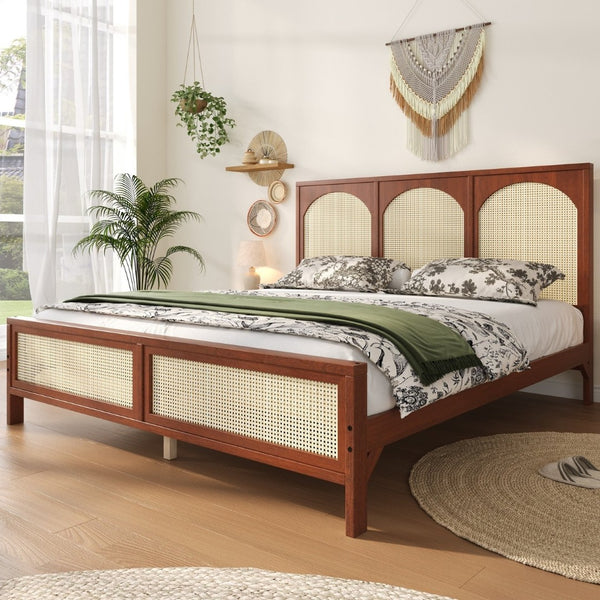 English Elm Queen Platform Bed Woven Rattan Headboard Footboard Solid Pine Bohemian Bedroom Frame Walnut N7090004036D