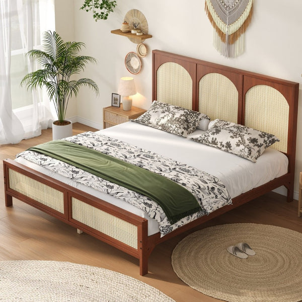 English Elm Queen Platform Bed Woven Rattan Headboard Footboard Solid Pine Bohemian Bedroom Frame Walnut N7090004036D