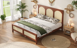 English Elm Queen Platform Bed Woven Rattan Headboard Footboard Solid Pine Bohemian Bedroom Frame Walnut N7090004036D