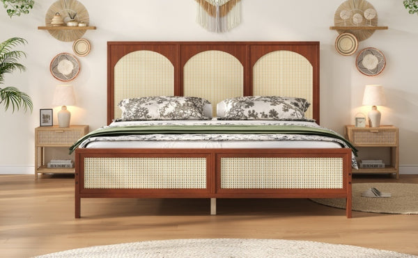 English Elm Queen Platform Bed Woven Rattan Headboard Footboard Solid Pine Bohemian Bedroom Frame Walnut N7090004036D