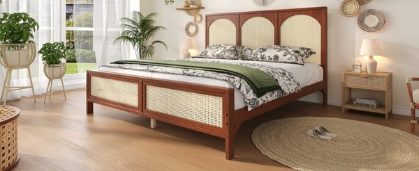English Elm Queen Platform Bed Woven Rattan Headboard Footboard Solid Pine Bohemian Bedroom Frame Walnut N7090004036D