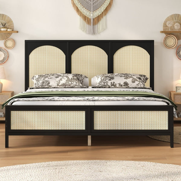 English Elm King Platform Bed with Woven Rattan Headboard Solid Pine Frame Bohemian Bedroom Black N7090004037B