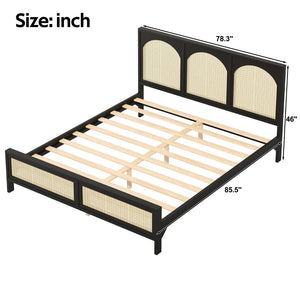 English Elm King Platform Bed with Woven Rattan Headboard Solid Pine Frame Bohemian Bedroom Black N7090004037B