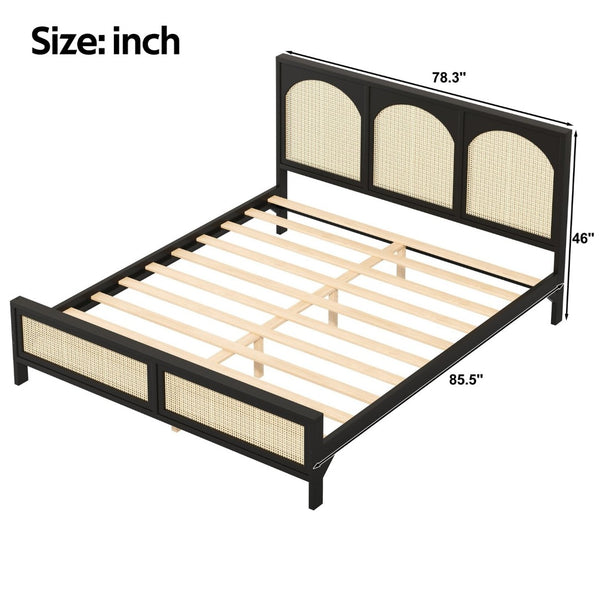 English Elm King Platform Bed with Woven Rattan Headboard Solid Pine Frame Bohemian Bedroom Black N7090004037B
