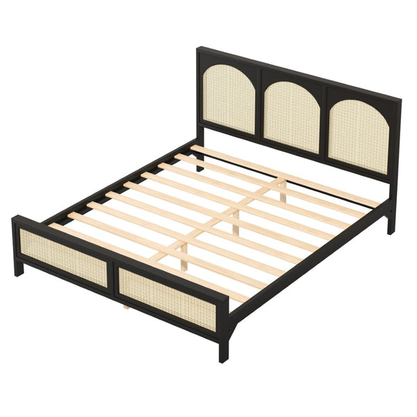 English Elm King Platform Bed with Woven Rattan Headboard Solid Pine Frame Bohemian Bedroom Black N7090004037B