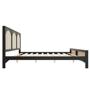 English Elm King Platform Bed with Woven Rattan Headboard Solid Pine Frame Bohemian Bedroom Black N7090004037B