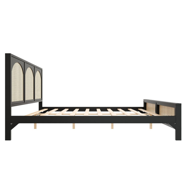 English Elm King Platform Bed with Woven Rattan Headboard Solid Pine Frame Bohemian Bedroom Black N7090004037B