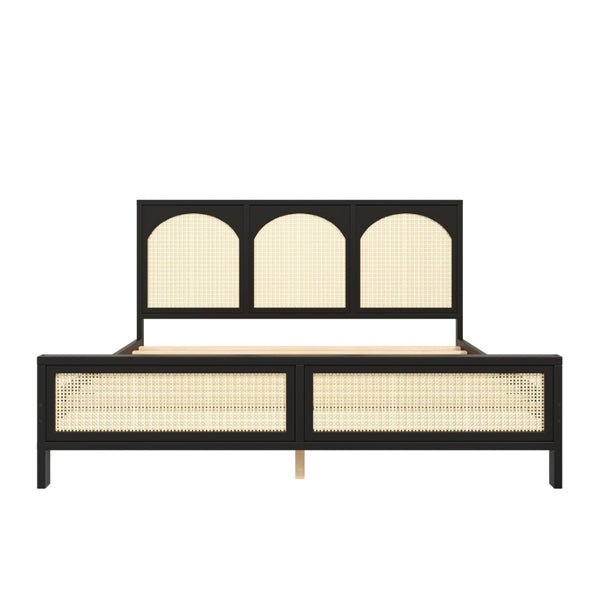 English Elm King Platform Bed with Woven Rattan Headboard Solid Pine Frame Bohemian Bedroom Black N7090004037B