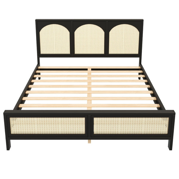 English Elm King Platform Bed with Woven Rattan Headboard Solid Pine Frame Bohemian Bedroom Black N7090004037B