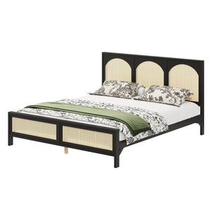 English Elm King Platform Bed with Woven Rattan Headboard Solid Pine Frame Bohemian Bedroom Black N7090004037B