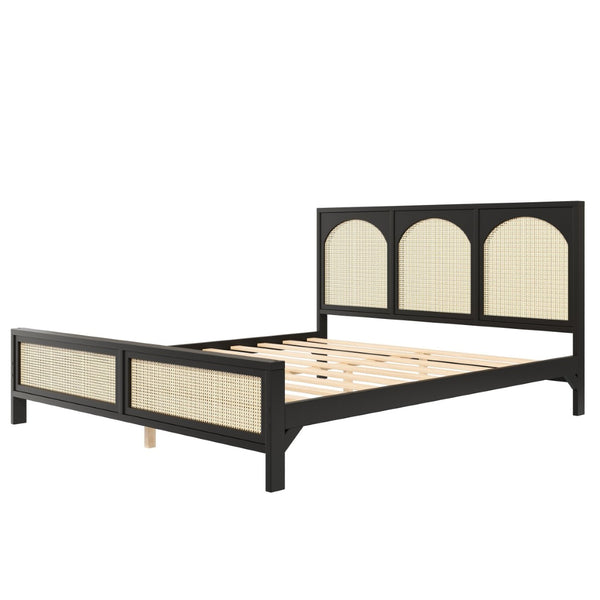 English Elm King Platform Bed with Woven Rattan Headboard Solid Pine Frame Bohemian Bedroom Black N7090004037B