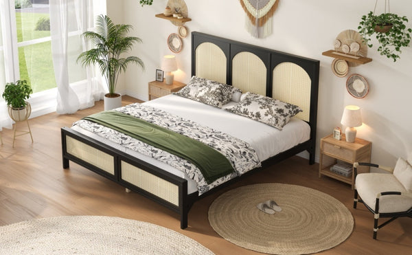 English Elm King Platform Bed with Woven Rattan Headboard Solid Pine Frame Bohemian Bedroom Black N7090004037B