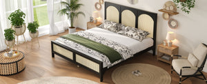 English Elm King Platform Bed with Woven Rattan Headboard Solid Pine Frame Bohemian Bedroom Black N7090004037B