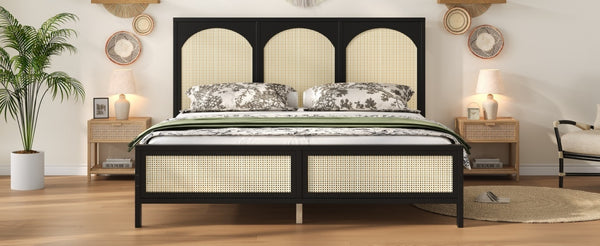 English Elm King Platform Bed with Woven Rattan Headboard Solid Pine Frame Bohemian Bedroom Black N7090004037B