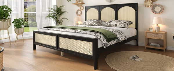 English Elm King Platform Bed with Woven Rattan Headboard Solid Pine Frame Bohemian Bedroom Black N7090004037B
