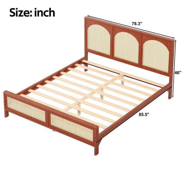 English Elm King Platform Bed with Woven Rattan Headboard Solid Pine Frame Bohemian Bedroom Walnut N7090004037D