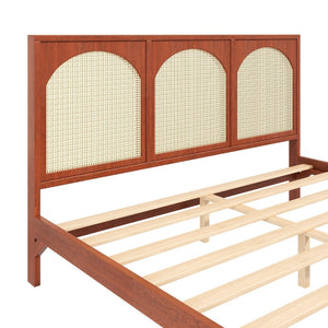 English Elm King Platform Bed with Woven Rattan Headboard Solid Pine Frame Bohemian Bedroom Walnut N7090004037D