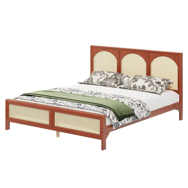 English Elm King Platform Bed with Woven Rattan Headboard Solid Pine Frame Bohemian Bedroom Walnut N7090004037D