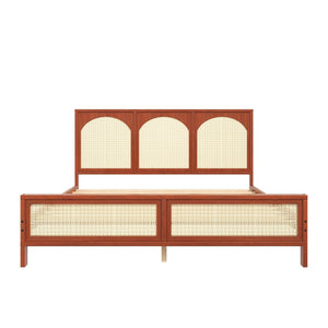 English Elm King Platform Bed with Woven Rattan Headboard Solid Pine Frame Bohemian Bedroom Walnut N7090004037D