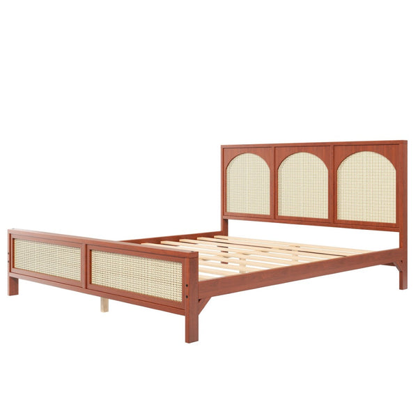 English Elm King Platform Bed with Woven Rattan Headboard Solid Pine Frame Bohemian Bedroom Walnut N7090004037D