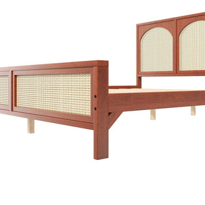 English Elm King Platform Bed with Woven Rattan Headboard Solid Pine Frame Bohemian Bedroom Walnut N7090004037D