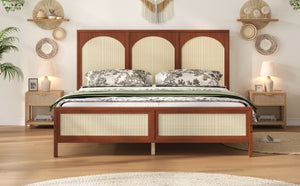 English Elm King Platform Bed with Woven Rattan Headboard Solid Pine Frame Bohemian Bedroom Walnut N7090004037D