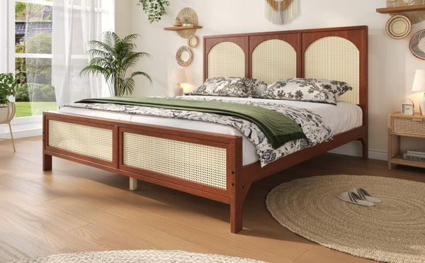 English Elm King Platform Bed with Woven Rattan Headboard Solid Pine Frame Bohemian Bedroom Walnut N7090004037D