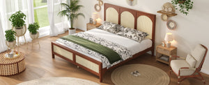 English Elm King Platform Bed with Woven Rattan Headboard Solid Pine Frame Bohemian Bedroom Walnut N7090004037D
