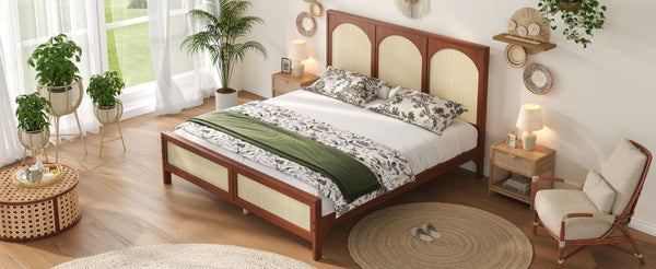 English Elm King Platform Bed with Woven Rattan Headboard Solid Pine Frame Bohemian Bedroom Walnut N7090004037D