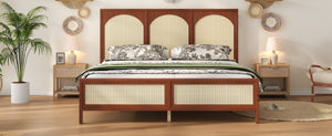 English Elm King Platform Bed with Woven Rattan Headboard Solid Pine Frame Bohemian Bedroom Walnut N7090004037D
