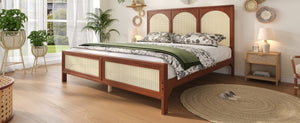 English Elm King Platform Bed with Woven Rattan Headboard Solid Pine Frame Bohemian Bedroom Walnut N7090004037D