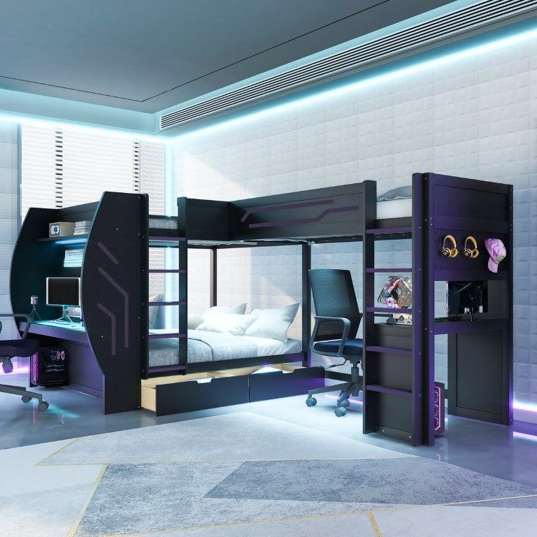 English Elm L-Shaped Triple Bunk Bed with Gaming Desks Pegboard LED Charging and Storage Drawers Black N7090004941B