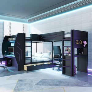 English Elm L-Shaped Triple Bunk Bed with Gaming Desks Pegboard LED Charging and Storage Drawers Black N7090004941B