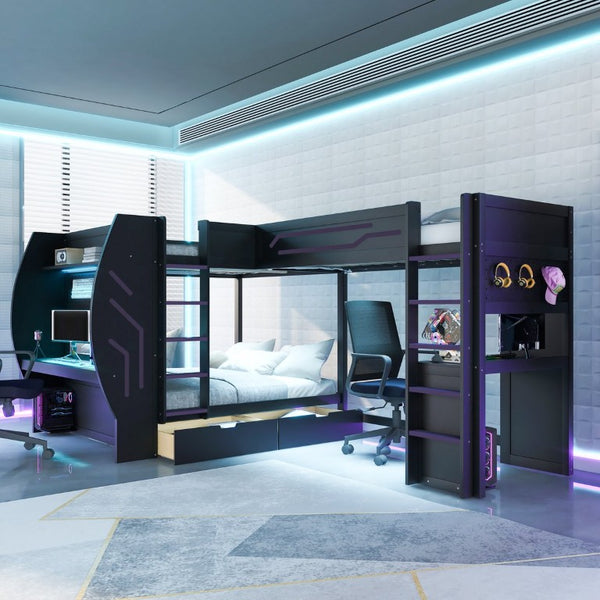 English Elm L-Shaped Triple Bunk Bed with Gaming Desks Pegboard LED Charging and Storage Drawers Black N7090004941B