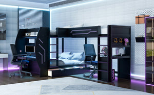 English Elm L-Shaped Triple Bunk Bed with Gaming Desks Pegboard LED Charging and Storage Drawers Black N7090004941B