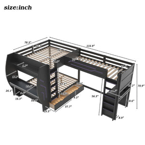 English Elm L-Shaped Triple Bunk Bed with Gaming Desks Pegboard LED Charging and Storage Drawers Black N7090004941B