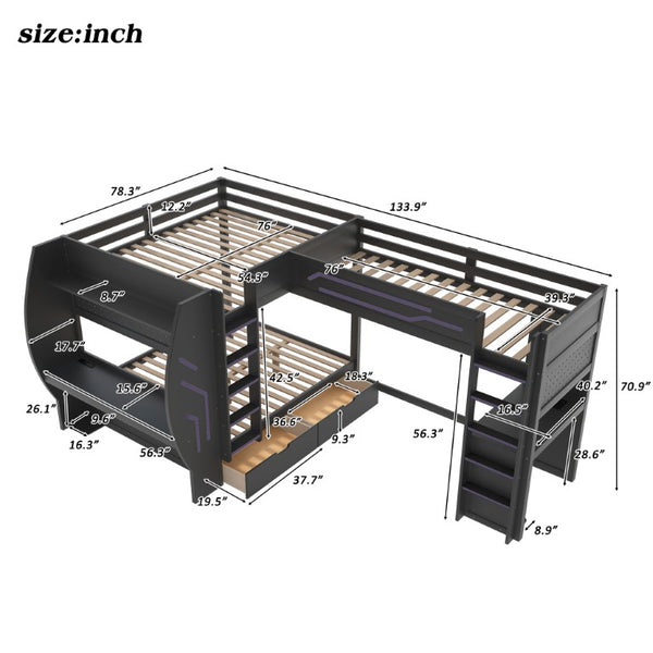 English Elm L-Shaped Triple Bunk Bed with Gaming Desks Pegboard LED Charging and Storage Drawers Black N7090004941B