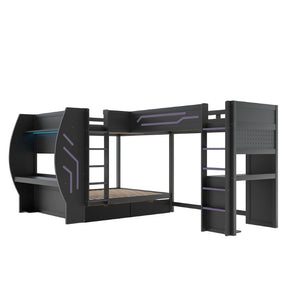 English Elm L-Shaped Triple Bunk Bed with Gaming Desks Pegboard LED Charging and Storage Drawers Black N7090004941B