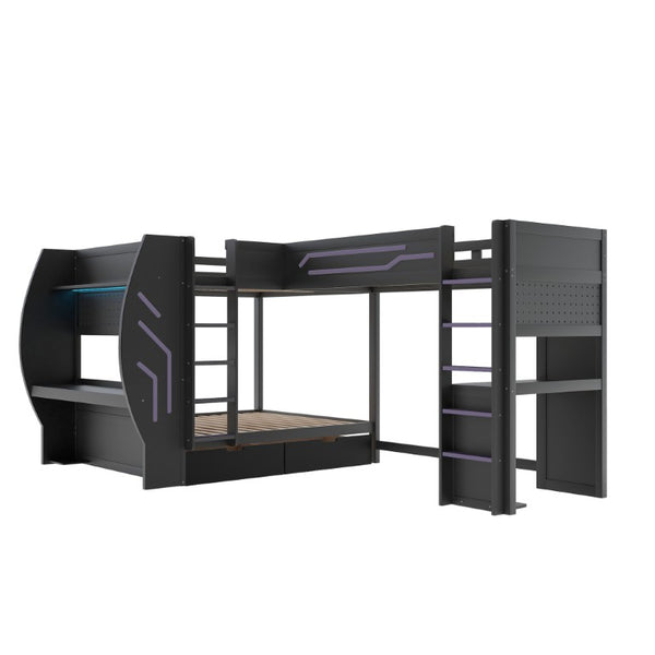 English Elm L-Shaped Triple Bunk Bed with Gaming Desks Pegboard LED Charging and Storage Drawers Black N7090004941B