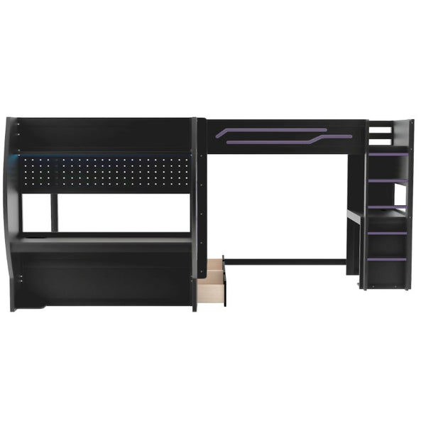 English Elm L-Shaped Triple Bunk Bed with Gaming Desks Pegboard LED Charging and Storage Drawers Black N7090004941B
