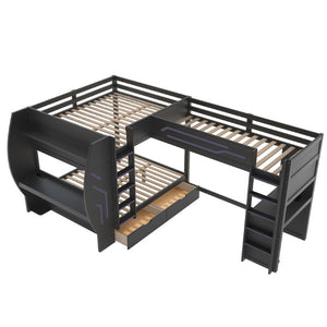English Elm L-Shaped Triple Bunk Bed with Gaming Desks Pegboard LED Charging and Storage Drawers Black N7090004941B