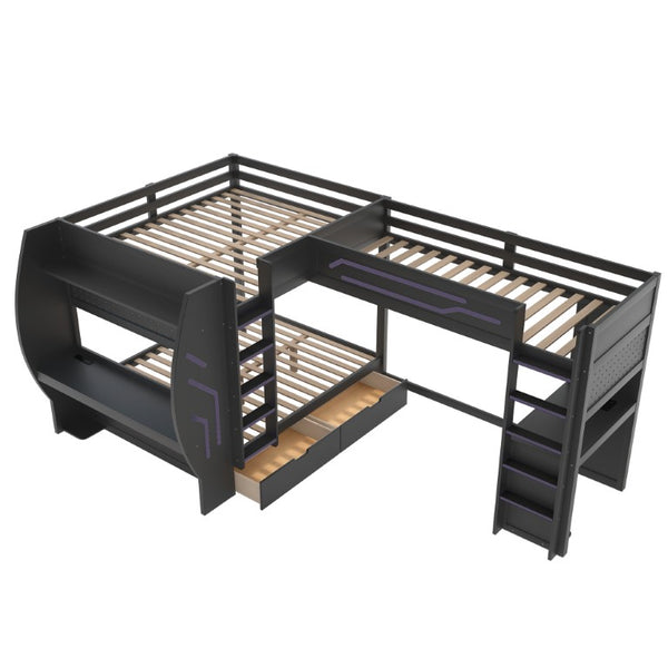 English Elm L-Shaped Triple Bunk Bed with Gaming Desks Pegboard LED Charging and Storage Drawers Black N7090004941B