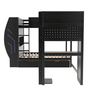 English Elm L-Shaped Triple Bunk Bed with Gaming Desks Pegboard LED Charging and Storage Drawers Black N7090004941B