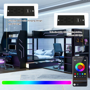 English Elm L-Shaped Triple Bunk Bed with Gaming Desks Pegboard LED Charging and Storage Drawers Black N7090004941B