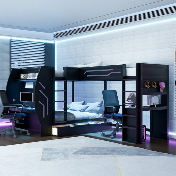 English Elm L-Shaped Triple Bunk Bed with Gaming Desks Pegboard LED Charging and Storage Drawers Black N7090004941B