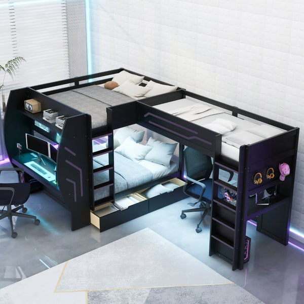 English Elm L-Shaped Triple Bunk Bed with Gaming Desks Pegboard LED Charging and Storage Drawers Black N7090004941B