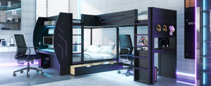 English Elm L-Shaped Triple Bunk Bed with Gaming Desks Pegboard LED Charging and Storage Drawers Black N7090004941B